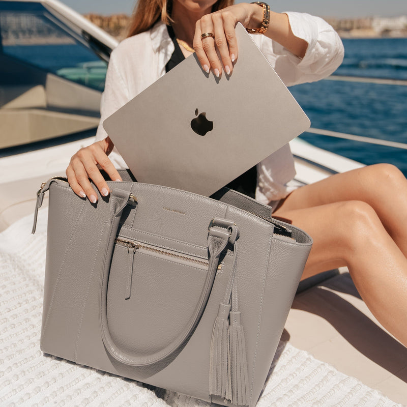 14" LISA DESIGNER LAPTOP HANDBAG | GREY LEATHER | CHAMPAGNE GOLD | NO GIFT BOX-Laptop bag-CODE REPUBLIC-CODE REPUBLIC laptop bags womens laptop bags laptop handbags ladies laptop bags laptop carrying bags